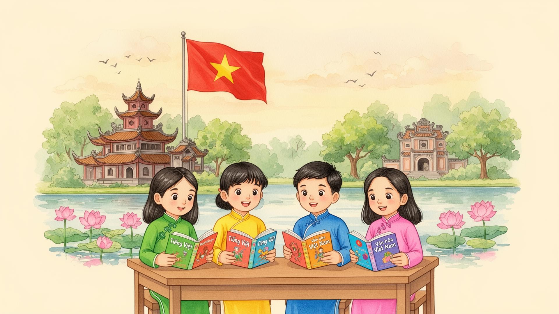 Trẻ em Việt Nam mặc áo dài đọc sách bên hồ sen
