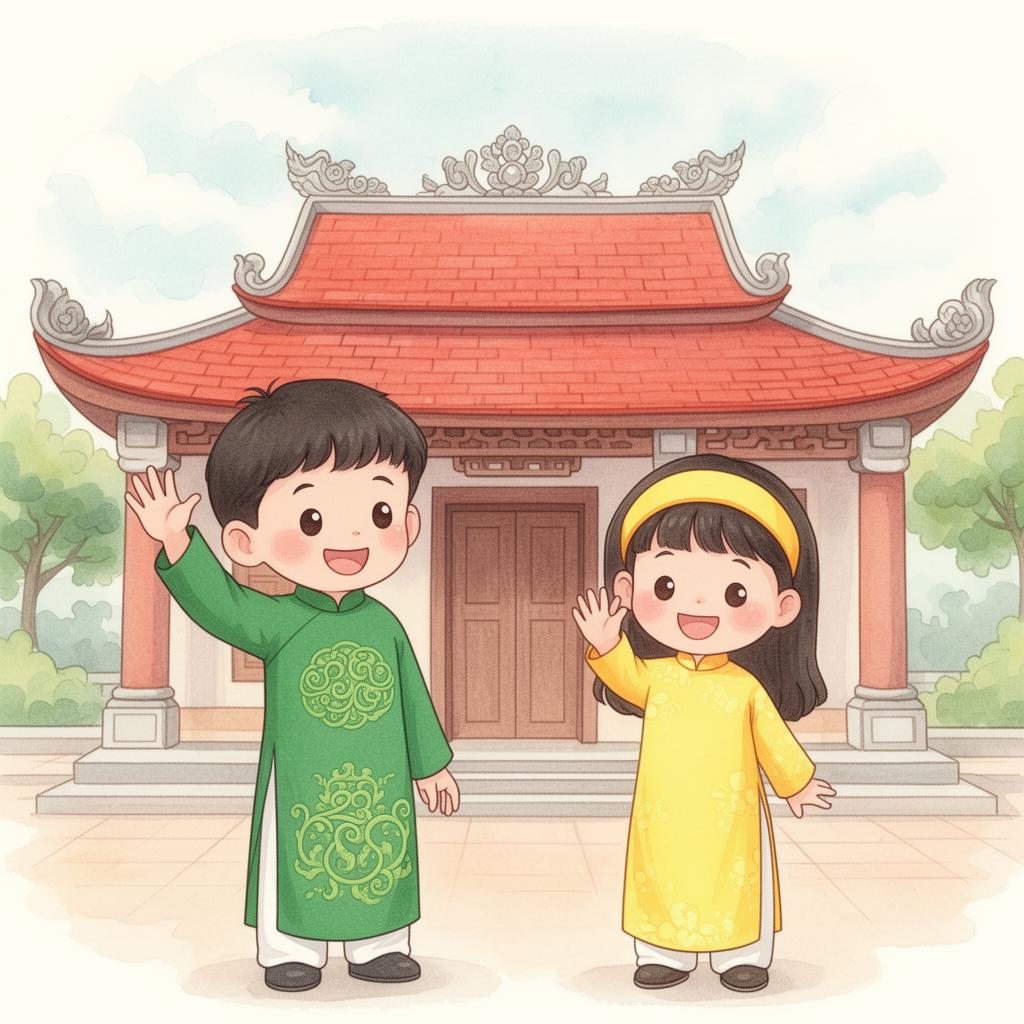Hai bạn nhỏ mặc áo dài chào nhau